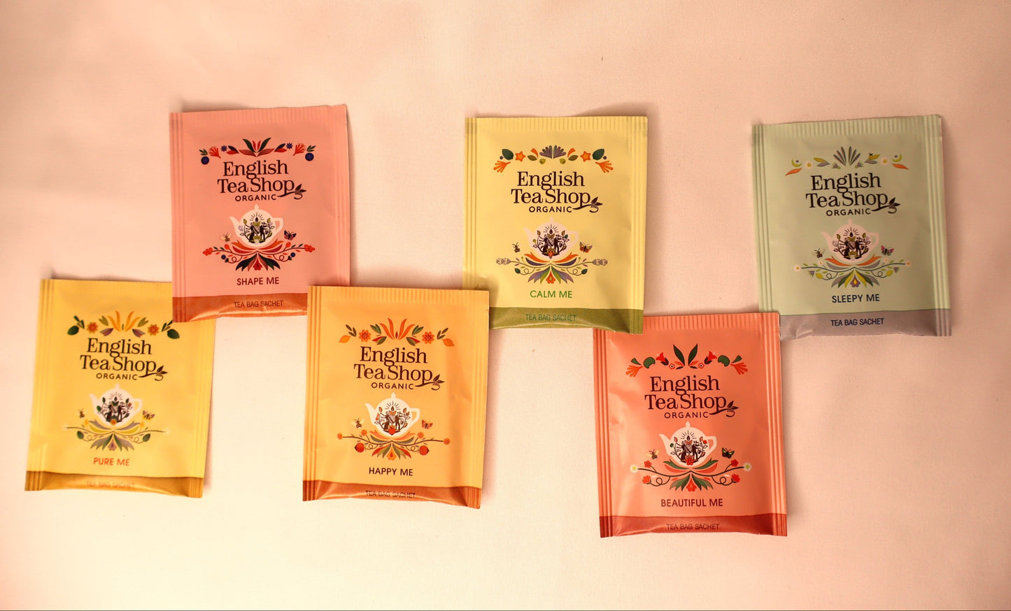 Collection of English Tea Shop tea bags on a white background