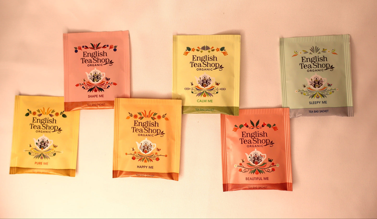 Collection of English Tea Shop tea bags on a white background