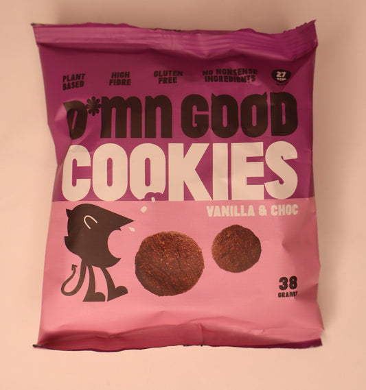 Pink packaging of 'Damn Good Cookies' with vanilla and chocolate flavor on a white background