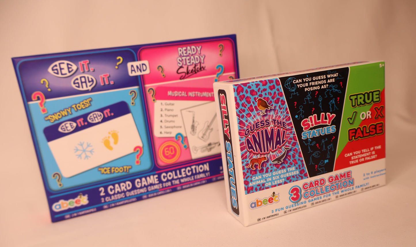 Colourful packaged family games on a white background